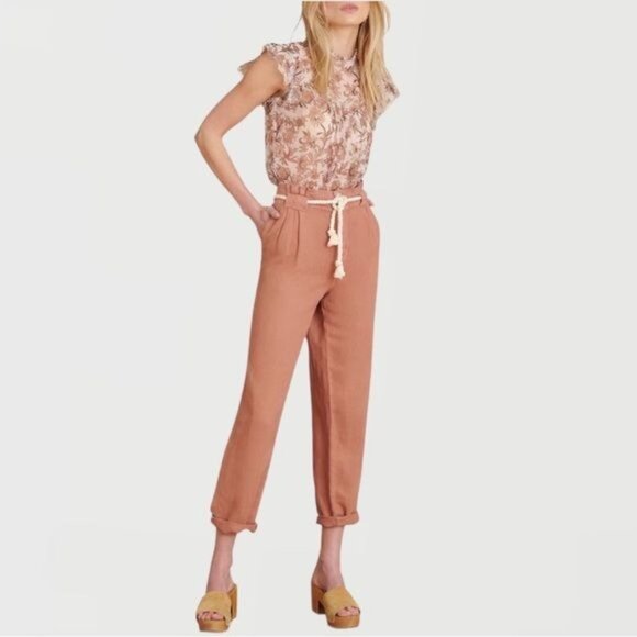 New  VERONICA BEARD Karter Linen-Cotton Belted Pants in Mocha Size 4 - Picture 15 of 15